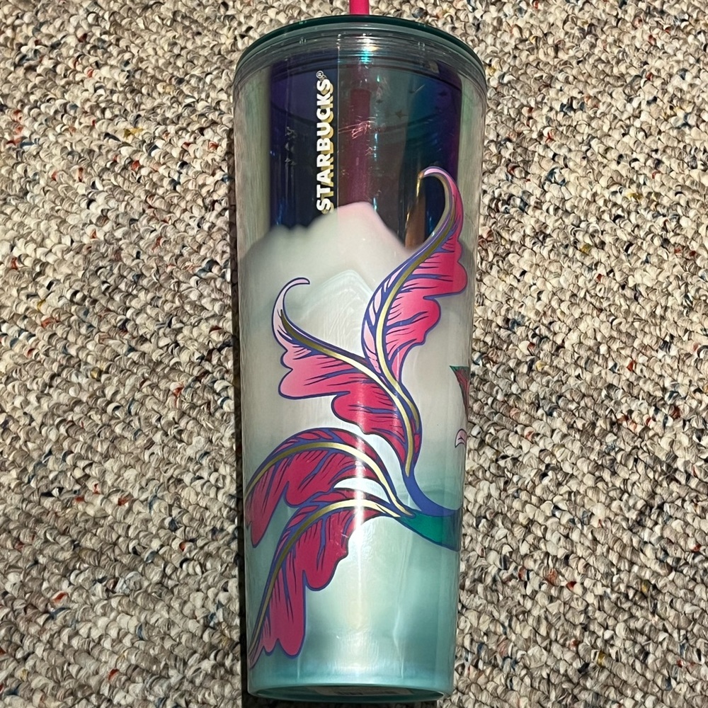 Starbucks Iridescent Teal Travel Tumbler with Pink Floral Design